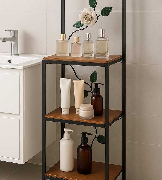 Prateleira de 3 andares madeira e ferro, feita de forma artesanal, possui flor de ferro também feita a mão.