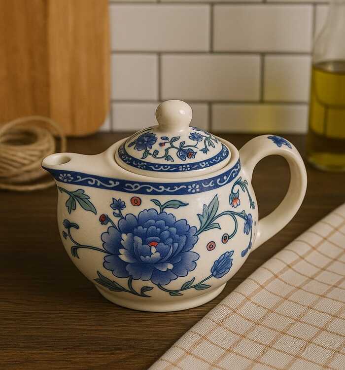 Bule de porcelana decorado com flores azuis