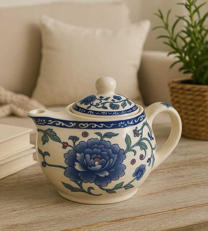 Bule de porcelana decorado com flores azuis