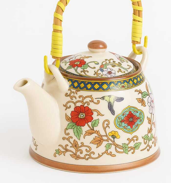 Bule de Porcelana Decorado com Alça em Bambu