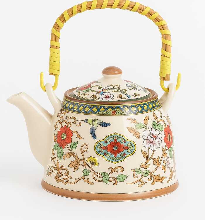 Bule de Porcelana Decorado com Alça em Bambu