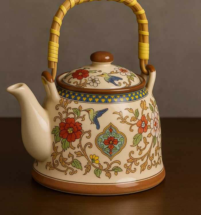 Bule de Porcelana Decorado com Alça em Bambu