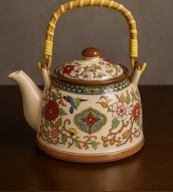 Bule de Porcelana Decorado com Alça em Bambu