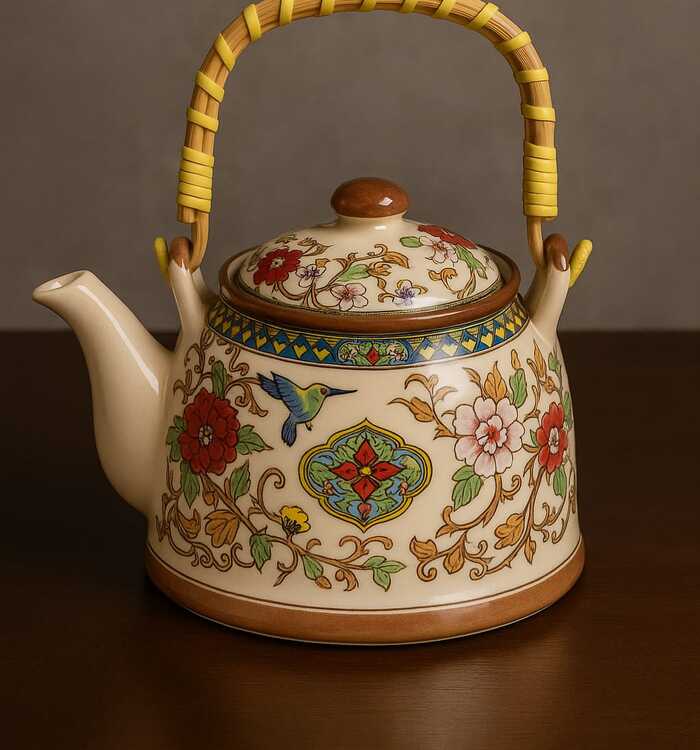 Bule de Porcelana Decorado com Alça em Bambu