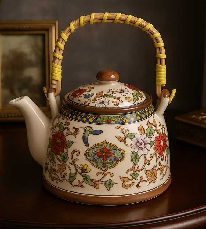 Bule de Porcelana Decorado com Alça em Bambu