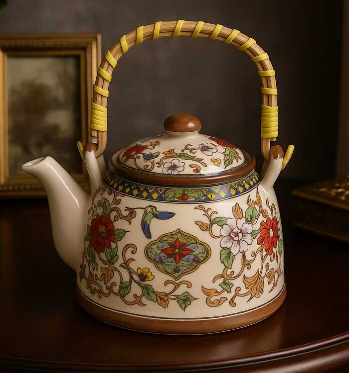 Bule de Porcelana Decorado com Alça em Bambu