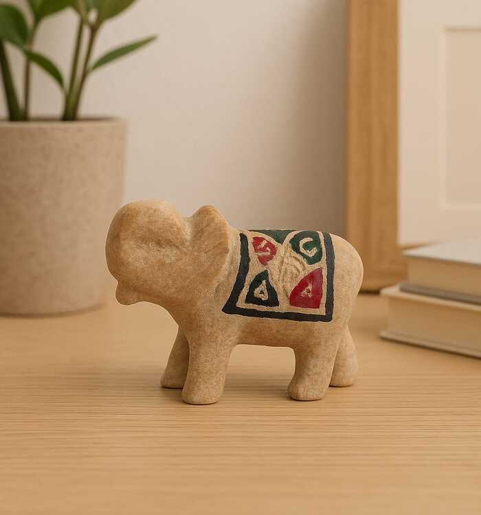 Elefante Pedra Sabão M, Pintado e Esculpido a Mão