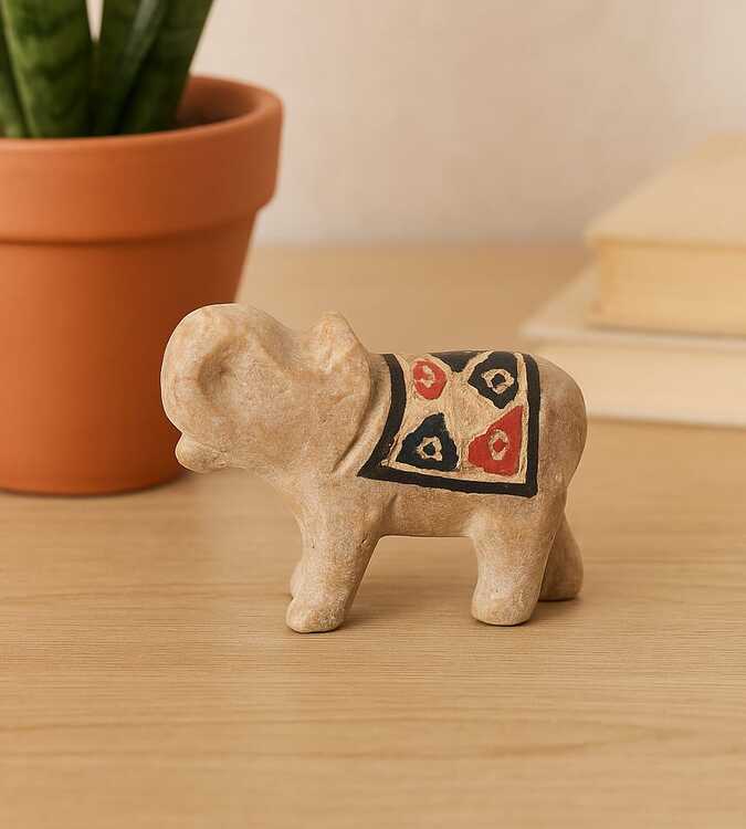 Elefante Pedra Sabão M, Pintado e Esculpido a Mão