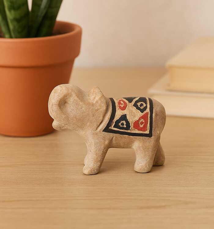 Elefante Pedra Sabão M, Pintado e Esculpido a Mão
