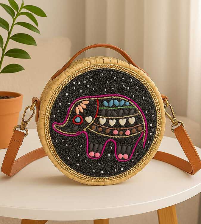 Bolsa Transversal Redonda em Palha com Bordado de Elefante - Artesanal e Exclusiva 