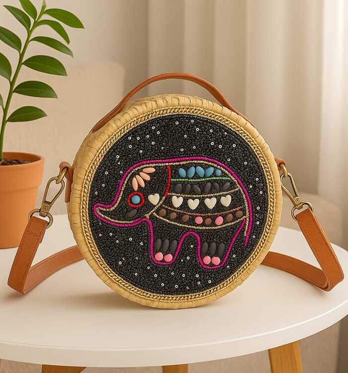 Bolsa Transversal Redonda em Palha com Bordado de Elefante - Artesanal e Exclusiva 