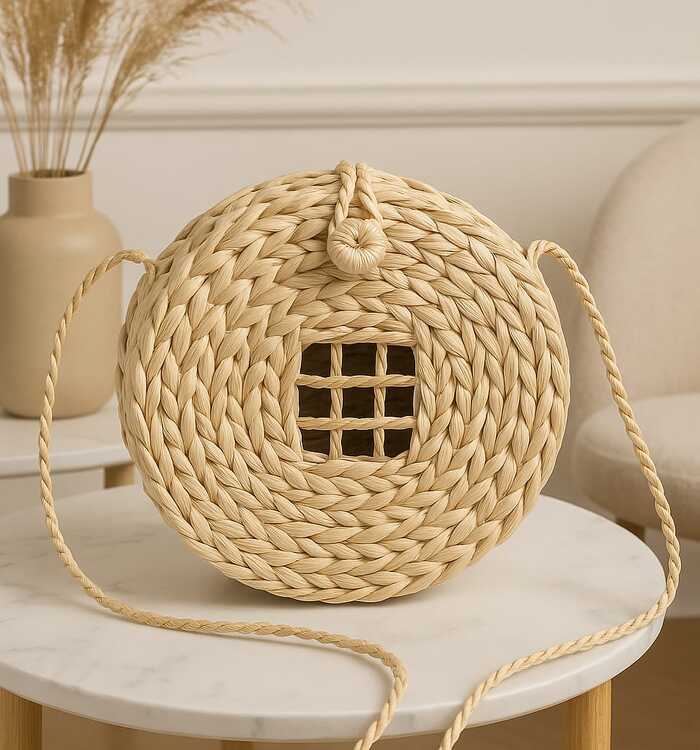 Bolsa Feminina Artesanal Redonda em Palha com Alça Trançada