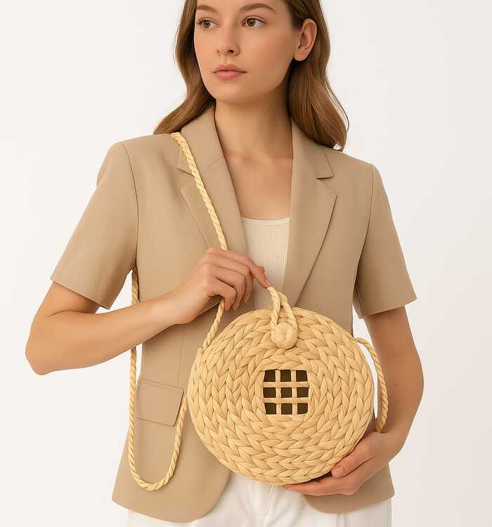 Bolsa Feminina Artesanal Redonda em Palha com Alça Trançada